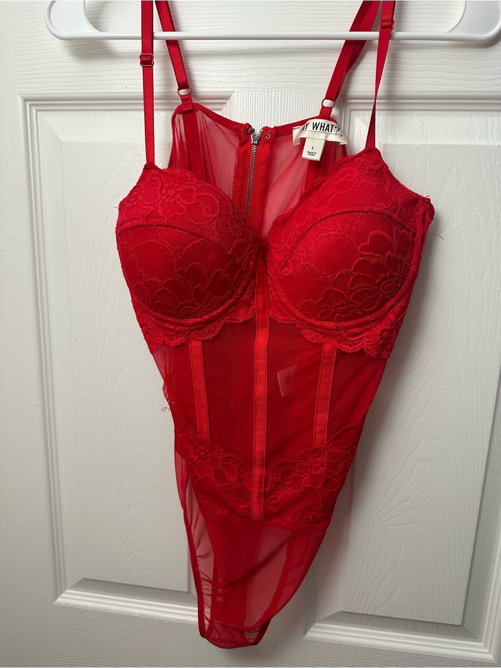 Say What? Red Lace Mesh Bodysuit Corset-Style